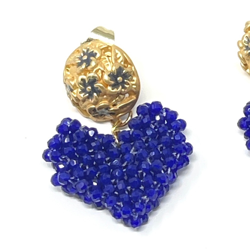 New Anthropologie Beaded Heart Gold Earrings Blue - Picture 2 of 4